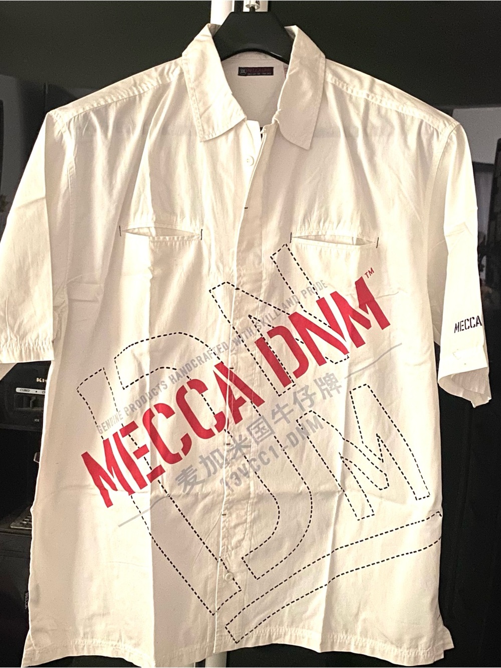 Vintage 90s mecca White Short-Sleeve Button Shirt with Red Logo